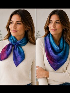 NATASHA/Vibrant Blue and Purple Silk Scarf.
20 x 20”